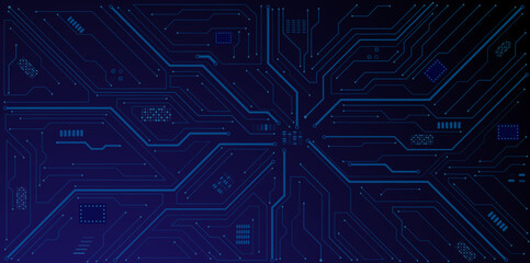 Leinwandbilder - Glowing light blue neon AI chip with thin circuit contact lines. Technology lines circuit and dots on blue background, circuit board network connection.