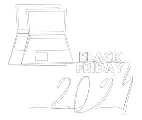 Poster - One continuous line of Laptop with Black Friday 2024 text. Thin Line Illustration vector concept. Contour Drawing Creative ideas.