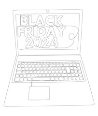Poster - One continuous line of Laptop with Black Friday 2024 text. Thin Line Illustration vector concept. Contour Drawing Creative ideas.