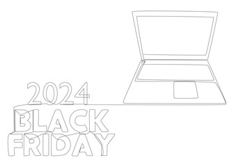 Poster - One continuous line of Laptop with Black Friday 2024 text. Thin Line Illustration vector concept. Contour Drawing Creative ideas.