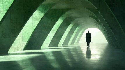 Futuristic Architecture Corridor   Man Walking Towards Light