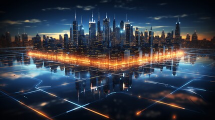 Poster - A futuristic city skyline with glowing lights, reflecting on a digital surface.