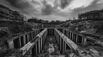 A stark, monochromatic view of a construction site with deep foundations and dramatic skies.