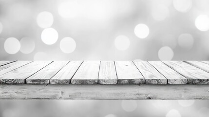 Sticker - A wooden shelf against a blurred background with soft bokeh lights.