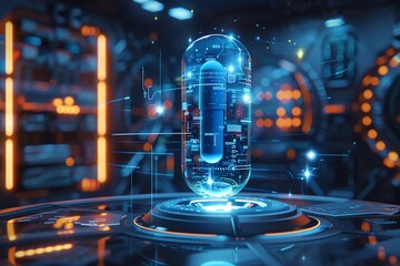 Poster - A futuristic pill capsule in a digital environment.