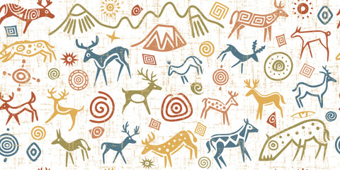 Wall Mural - Seamless petroglyph pattern, rock paintings, naive art, vector design