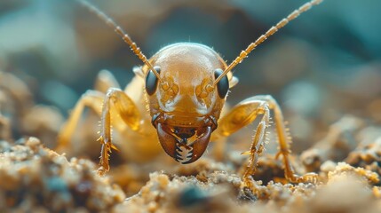 A close-up image of two ants on a soil surface.