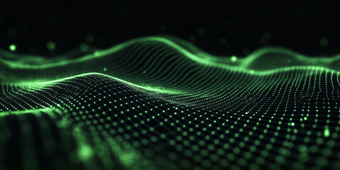 Poster - Green particle grid forming a digital landscape in cyberspace