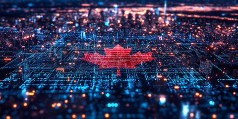 Poster - Canadian flag emerging from futuristic printed circuit board with city skyline