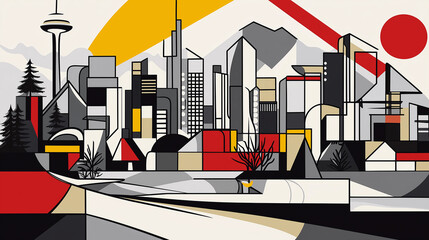 Aufkleber - Modern cityscape with geometric shapes and bold colors featuring vancouver skyline