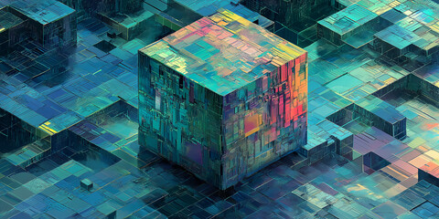 Poster - Complex cube structure emerging from technological circuitry background