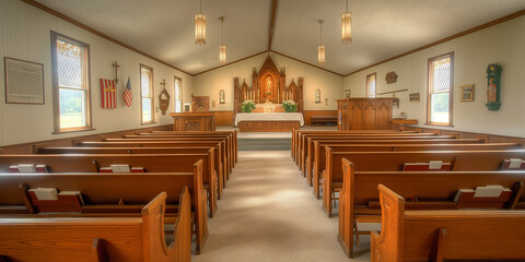 Wall Mural - Empty church interior with pews, altar, and flags displaying patriotism