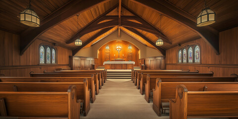 Wall Mural - Empty church interior showing wooden pews, stained glass windows, and altar