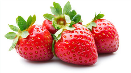 Aufkleber - Fresh strawberries showing green leaves resting on white background