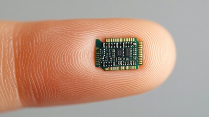 Microchip on fingertip, white isolate background