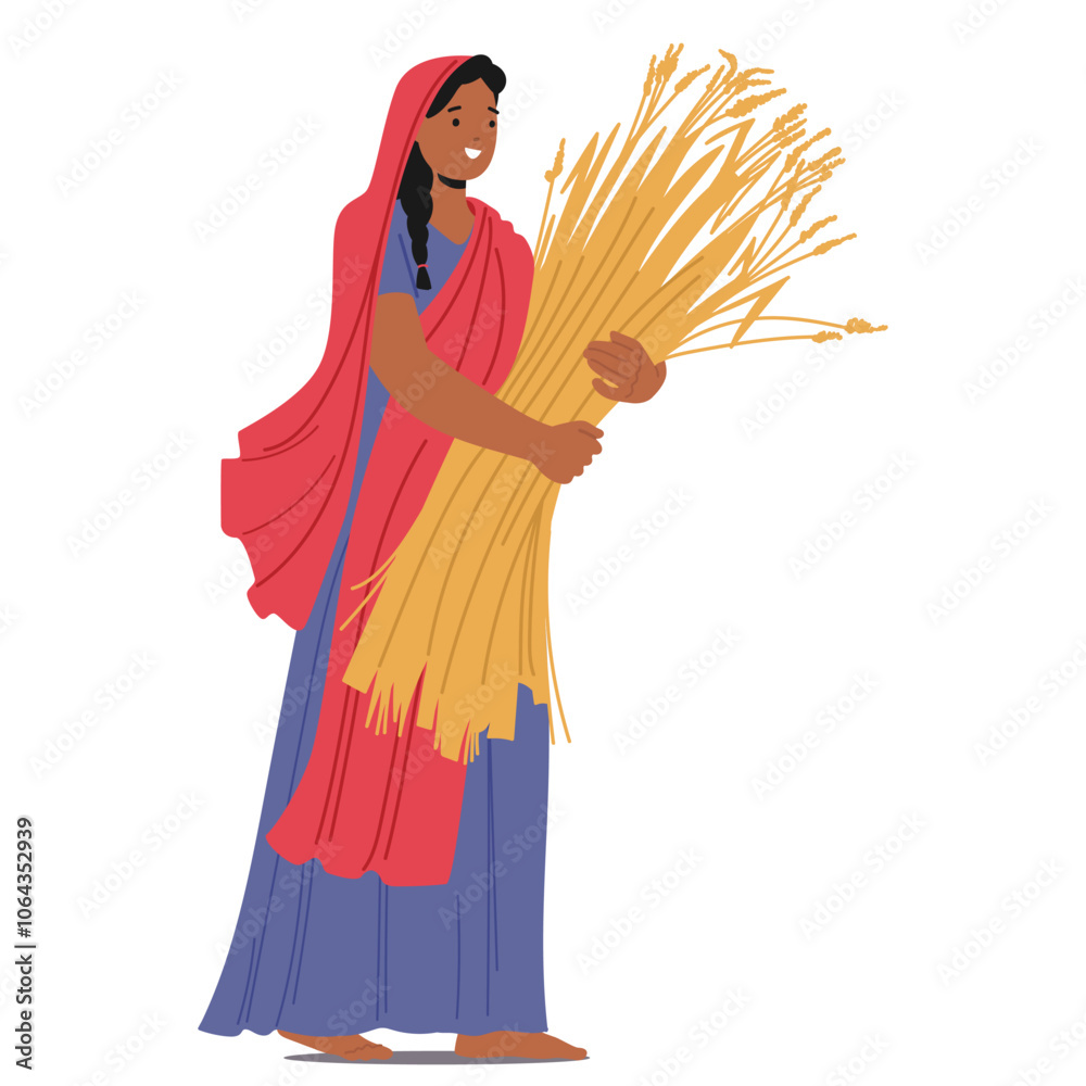 Indian Woman In Traditional Attire Holds A Bundle Of Harvested Wheat ...