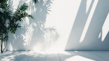 Wall Mural - 101.The play of light and shadows from coconut leaves dances on a smooth white concrete wall, creating a natural and abstract design. The deep, crisp shadows provide contrast against the bright,