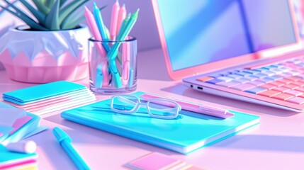 Wall Mural - A pink and blue desk with a laptop, notebook, pens, and glasses. AI.