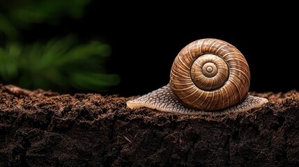 Closeup of snail shell on forest floor, spiral texture, earthy wilderness scene