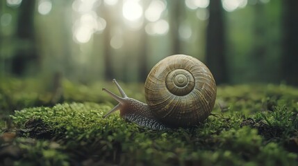 Closeup of snail shell on forest floor, spiral texture, earthy wilderness scene