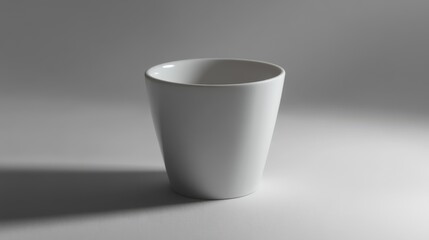 A simple white ceramic cup rests on a smooth surface, beautifully illuminated by soft light that creates a delicate shadow, highlighting the elegance of minimalist design.