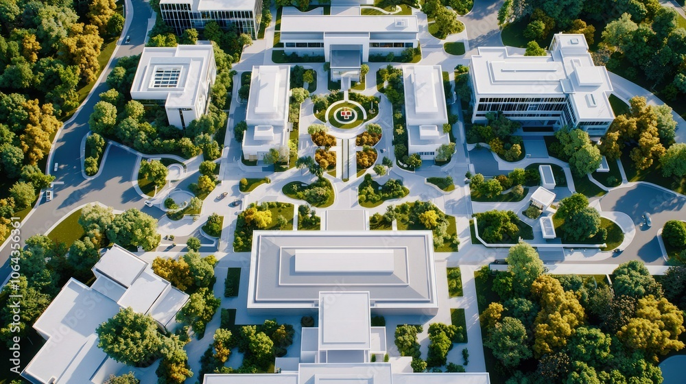 Aerial view of a modern educational campus featuring multiple buildings ...