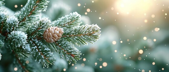 Poster - Close-up of a Snowy Pine Branch with a Pine Cone in the Foreground