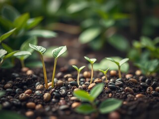 coffee bean seedlings sprouting in a lush green natural environment, symbolizing growth and renewal,