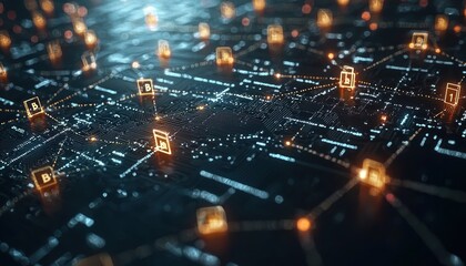 Poster - Abstract Visualization of Cryptocurrency Network with Glowing Bitcoin Symbols on a Circuit Board Background