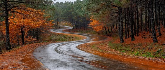 Poster - Winding Road Through an Autumnal Forest After Rain