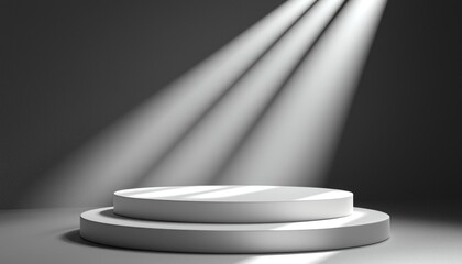 Poster - Two-Tiered White Pedestal Under Spotlights Against a Dark Grey Background
