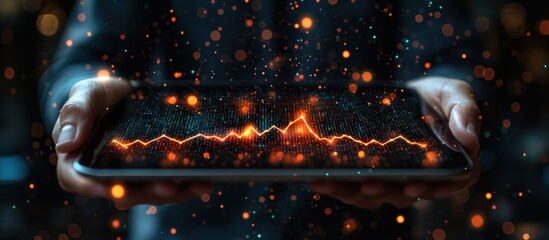Aufkleber - Hands Holding a Tablet Displaying a Glowing Line Graph