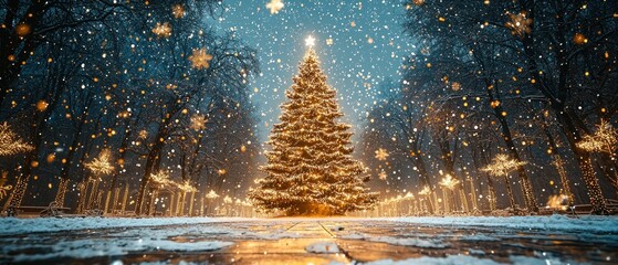 Poster - Snowy Night with a Decorated Christmas Tree in a Tree-Lined Path