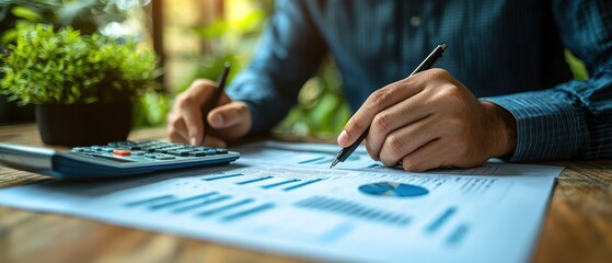 Poster - Person Reviewing Financial Data with Calculator and Pen