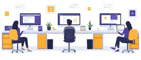 Aufkleber - Three People Working at a Modern Office Desk with Computers