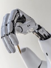 Wall Mural - A robotic prosthetic hand delicately holds a small object, showcasing advanced engineering and precision in a neutral backdrop. Generative AI