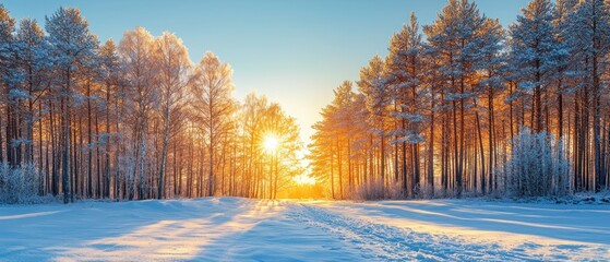 Poster - A Pathway Through a Snow-Covered Forest at Sunset