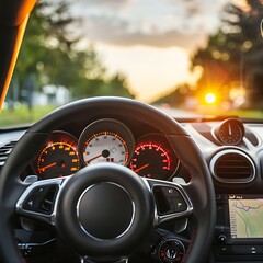 Close up view of the steering wheel and dashboard of a modern car.