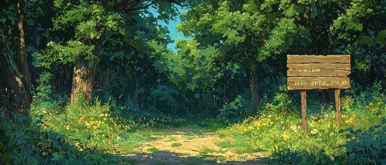 Poster - A Wooden Sign Marking a Path Through a Lush Green Forest