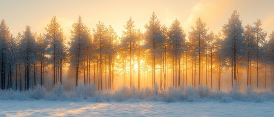 Sticker - Golden Sunrise Illuminating a Snowy Pine Forest