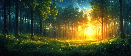 Aufkleber - A Sunlit Forest Path With Glowing Lights and Trees