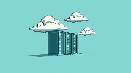 Poster - Cloud storage concept with cabinets against a turquoise background featuring illustrative clouds