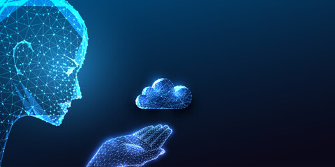 Wall Mural - AI in cloud computing concept with robotic head holding cloud symbol on dark blue background. 