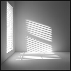 Wall Mural - A clean, white studio wall illuminated by soft, filtered light from a nearby window. The shadows of blinds and a window frame are sharply defined, creating a gobo lighting effect that adds dynamic