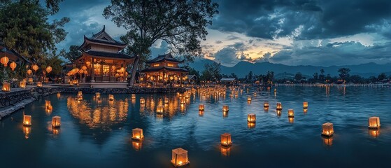 Poster - Illuminated Lanterns Floating on a Calm Lake at Twilight