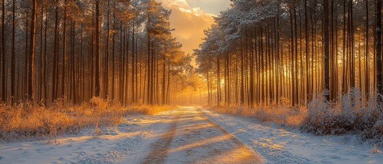 Poster - Golden Sunset Illuminates a Snow-Covered Forest Path