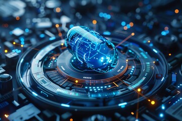 Poster - Futuristic digital capsule glowing with blue light and surrounded by intricate circuitry.