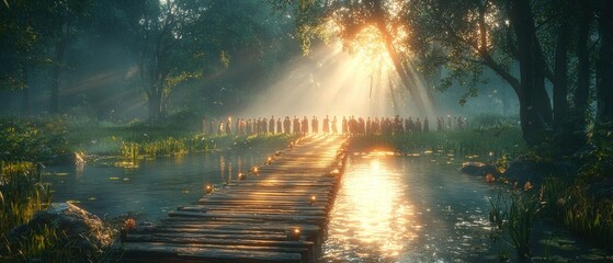 Poster - Silhouettes of People Standing on a Wooden Bridge in a Sunlit Forest