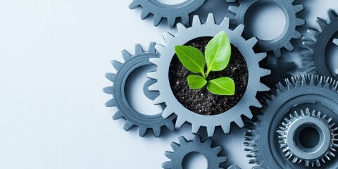 Poster - Green Plant Sprouting from Interlocking Cogwheels