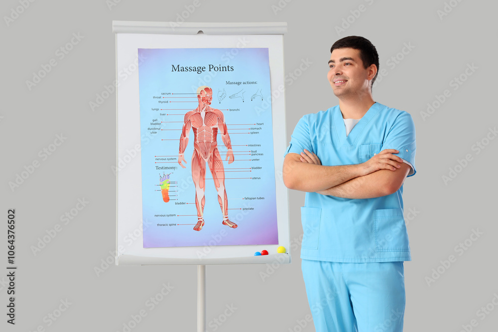 Male therapist with poster of massage points on light background